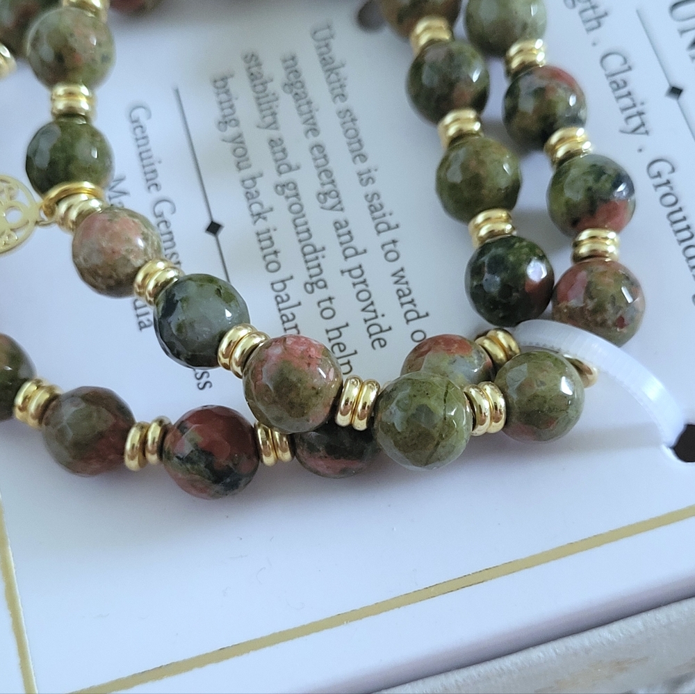 Shivam Unakite Stretch Bracelet Duo✌️ with Hamsa🤚Charm - NIB - Picture 13 of 15